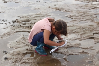 Girl muddipping on Fylde Coast