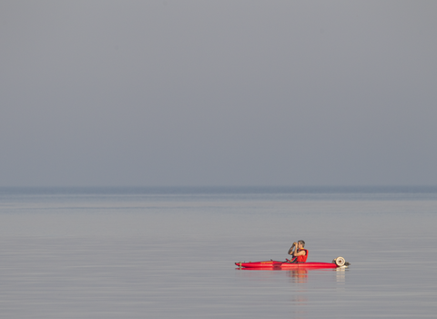 A man in a red sea kayak on the calm sea wildlife watching